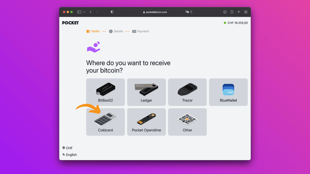 Screenshot showing the Pocket website with the Coldcard option