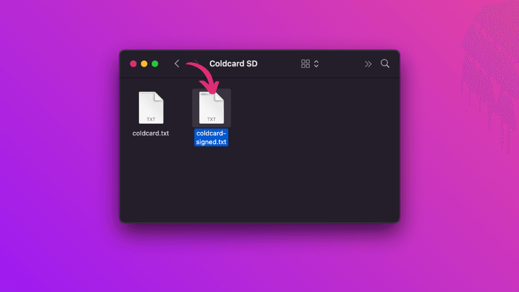The signed file "coldcard-signed.txt" on the coldcard SD card