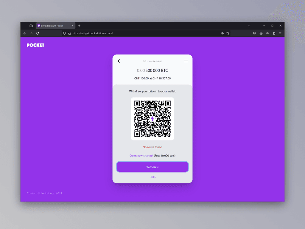 Screenshot of the payout failure screen from Pocket's Lightning Top-Up Service