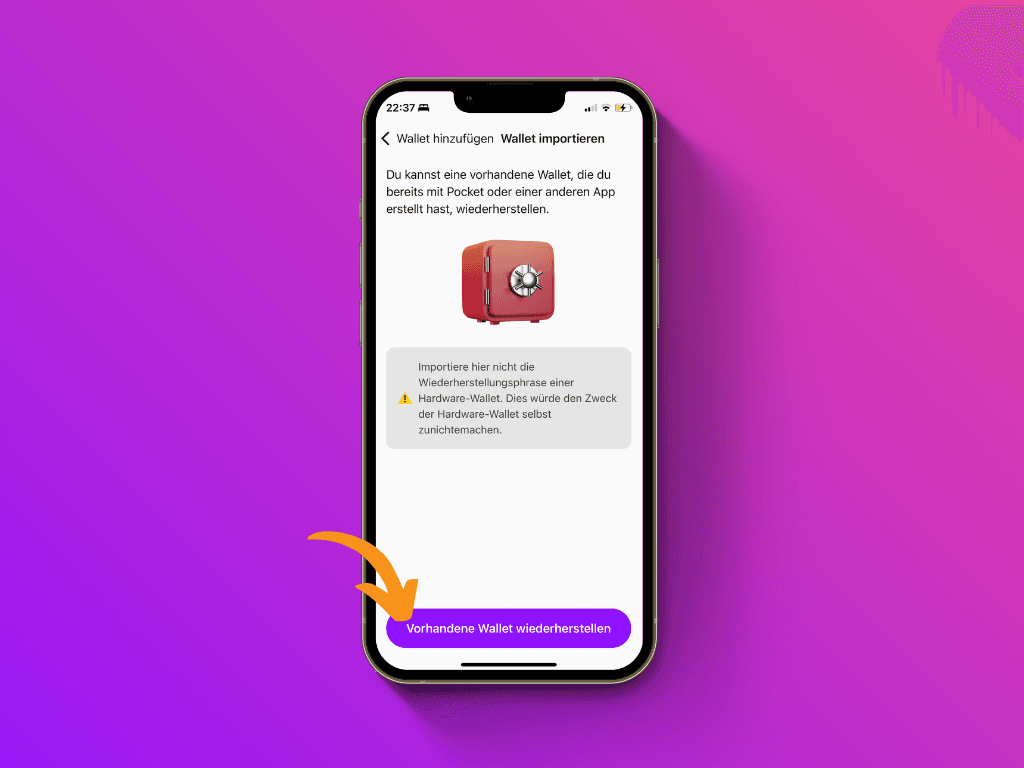 Bildschirmfoto der Pocket App mit Zeiger auf den Button “Vorhandene Wallet wiederherstellen”