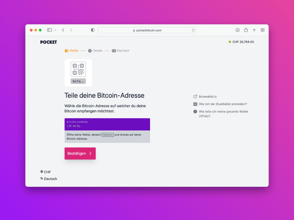 Bildschirmfoto der Pocket-Website mit der Aufforderung die Ethereum-Adresse zu teilen
