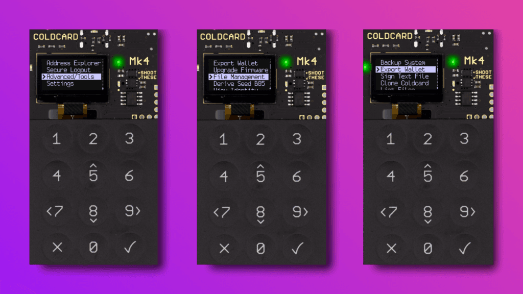 Coldcard menu to wallet export function