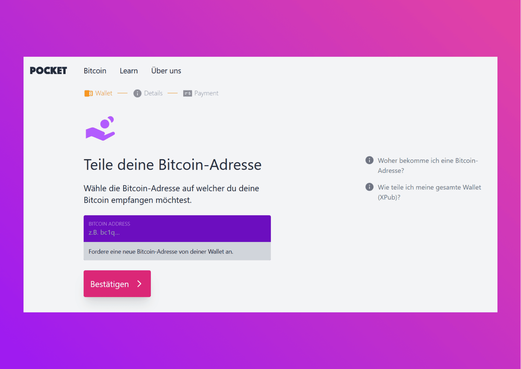 Bildschirmfoto der Pocket-Website mit dem Eingabefeld der Ethereum-Adresse