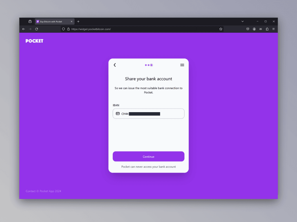 Screenshot of the IBAN entry screen of Pocket's Lightning top-up service