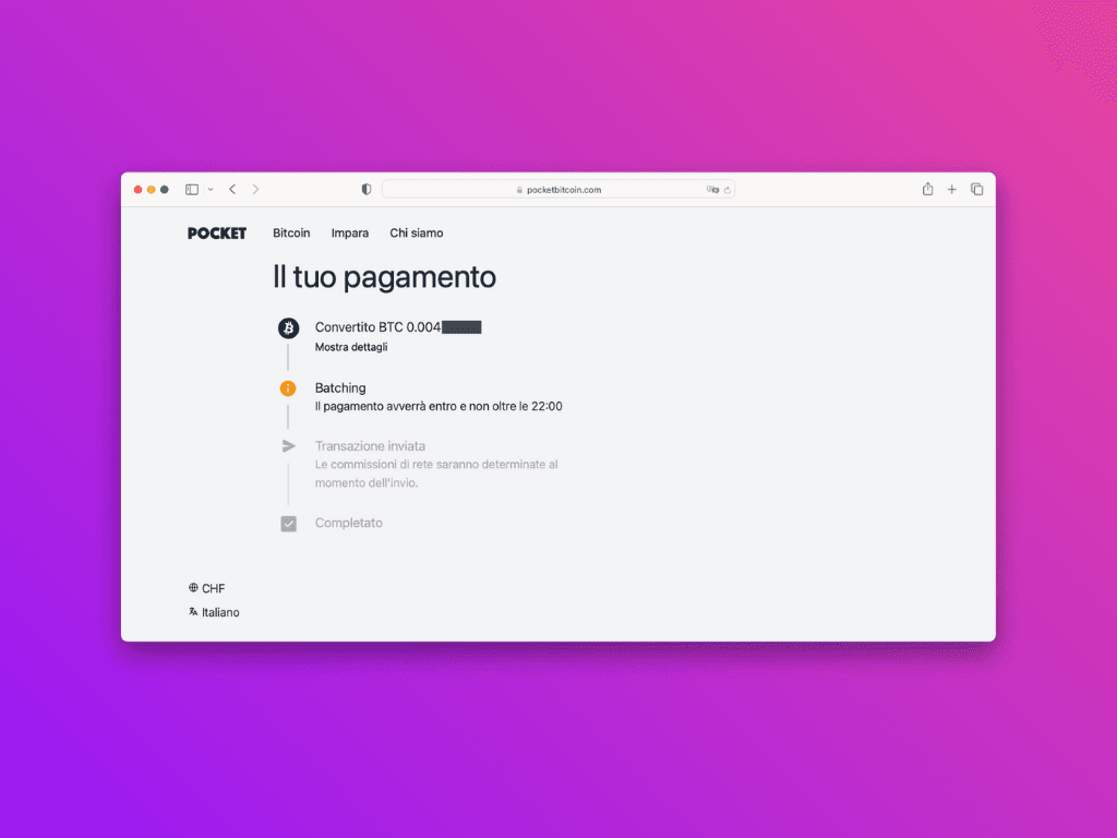 Schermata del sito web per il monitoraggio della transazione Ethereum prima del pagamento