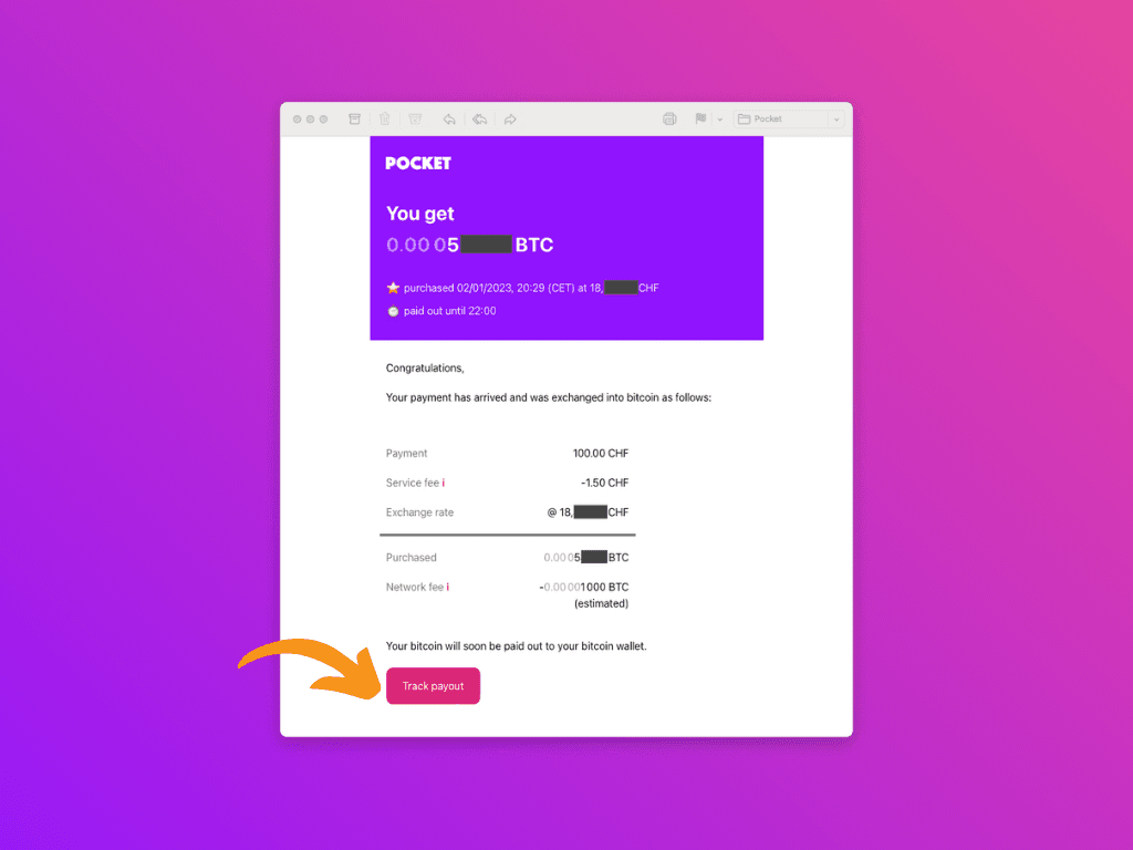 Screenshot of the confirmation email from Pocket for the ethereum purchase