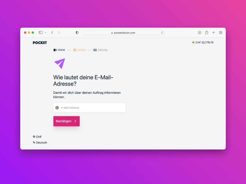 Bildschirmfoto der Pocket-Website mit der Aufforderung die E-Mail-Adresse anzugeben