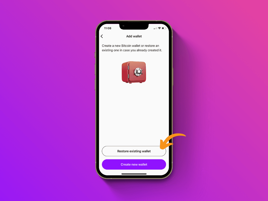 Screenshot of the Pocket app with pointer to the "Restore existing wallet" button