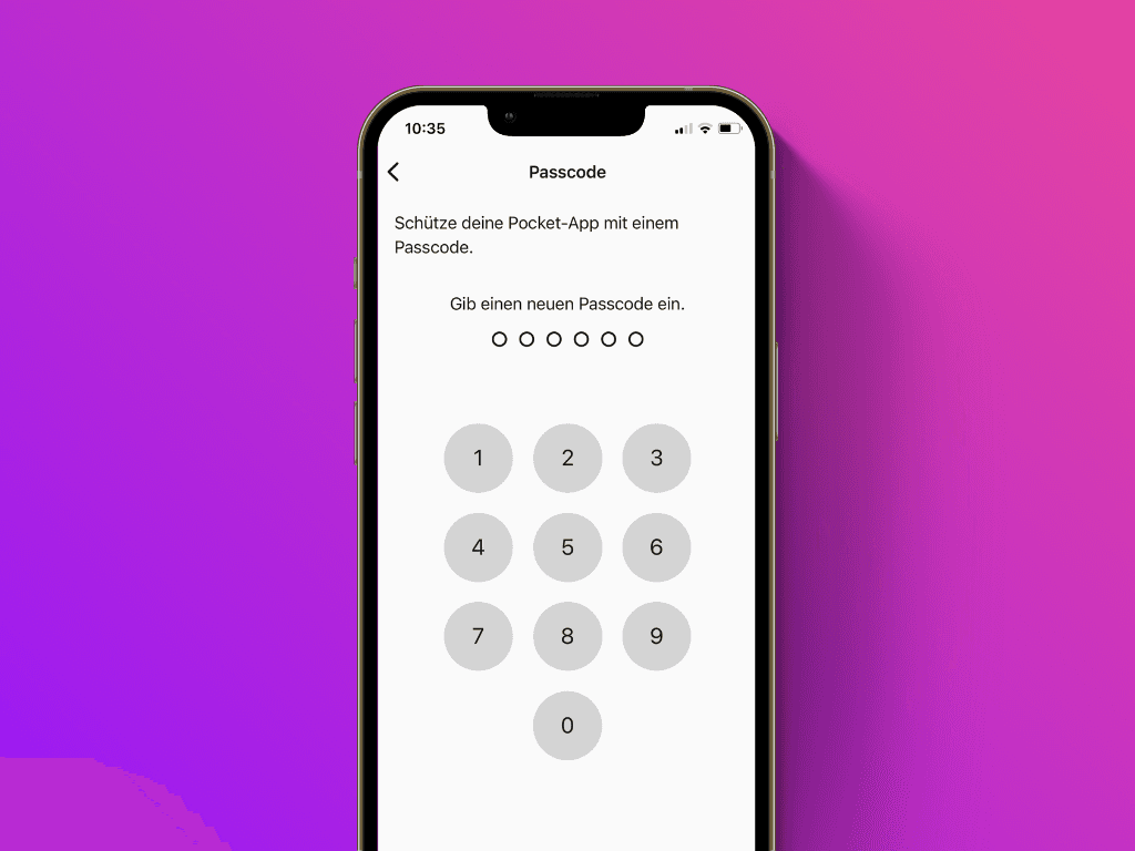 Bildschirmfoto der Pocket App mit PIN-Eingabescreen