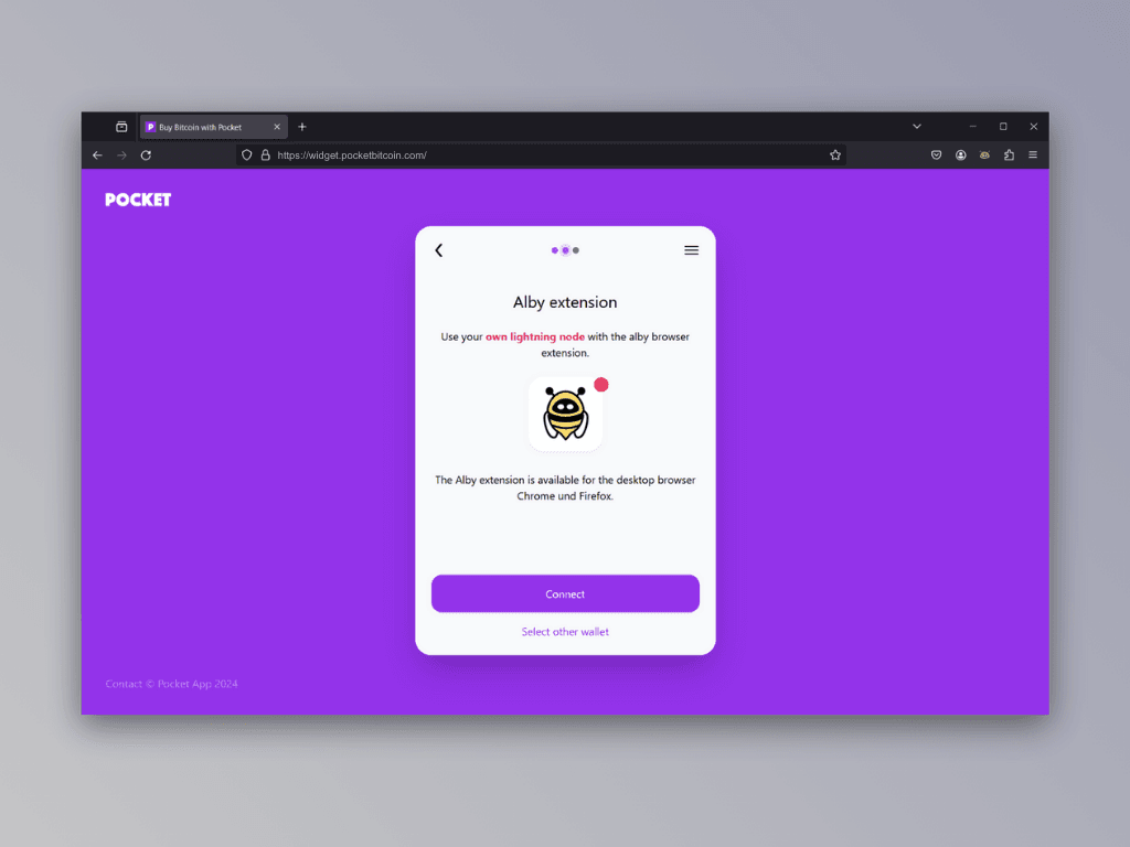 Screenshot of the Alby wallet connect screen of Pocket's Lightning top-up service