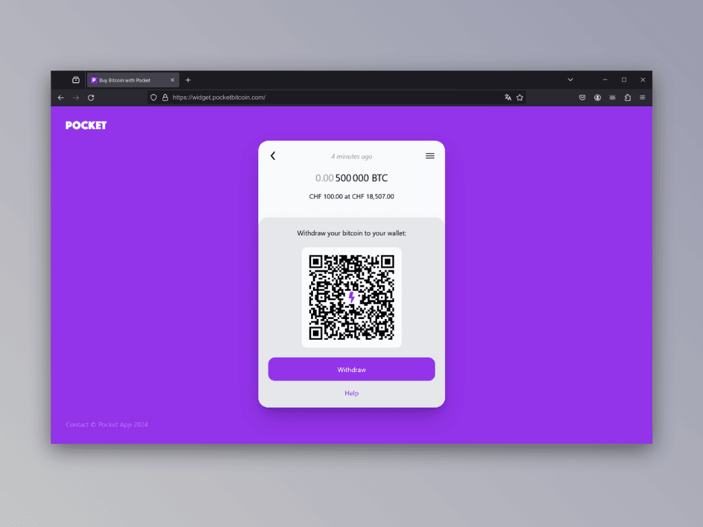 Screenshot of withdrawal screen from Pocket's Lightning Top-Up Service