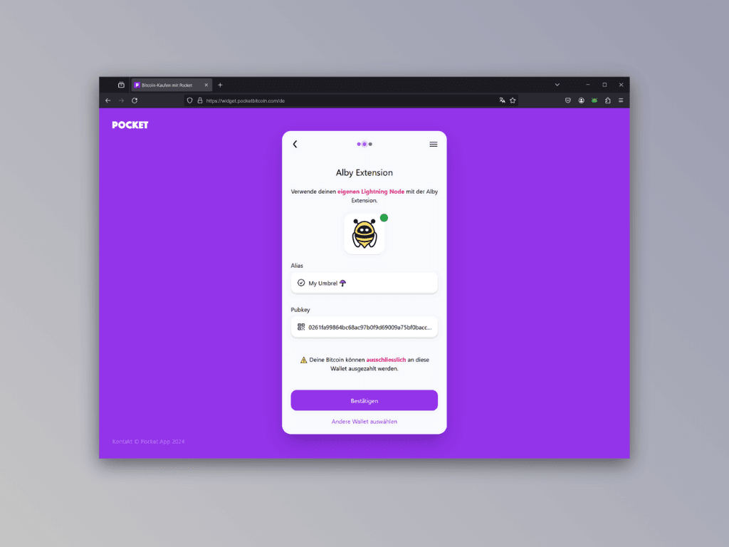 Bildschirmfoto des Screens nach dem Verbinden des Lightning-Nodes via Alby