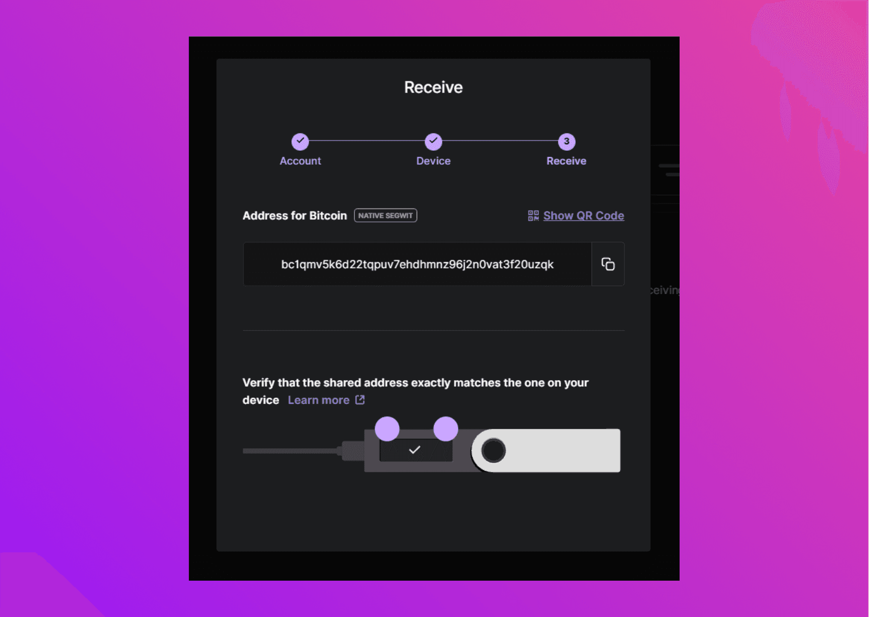 Screenshot Ledger Live with the ethereum address