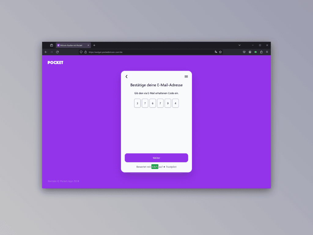 Bildschirmfoto des E-Mail-Bestätigungs-Screens von Pockets Lightning Top-Up Service