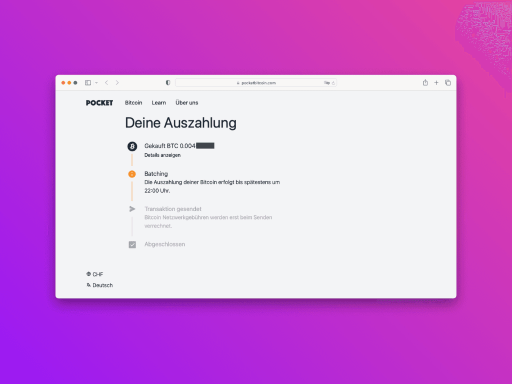 Bildschirmfoto der Webseite zur Nachverfolgung der Ethereum-Transaktion vor Auszahlung