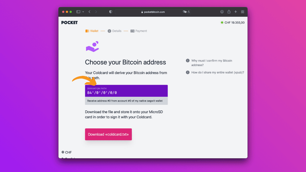 Screenshot with the Pocket website entering the derivation path of your ethereum address