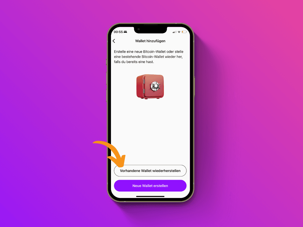 Bildschirmfoto der Pocket App mit Zeiger auf den Button "Vorhandene Wallet wiederherstellen"