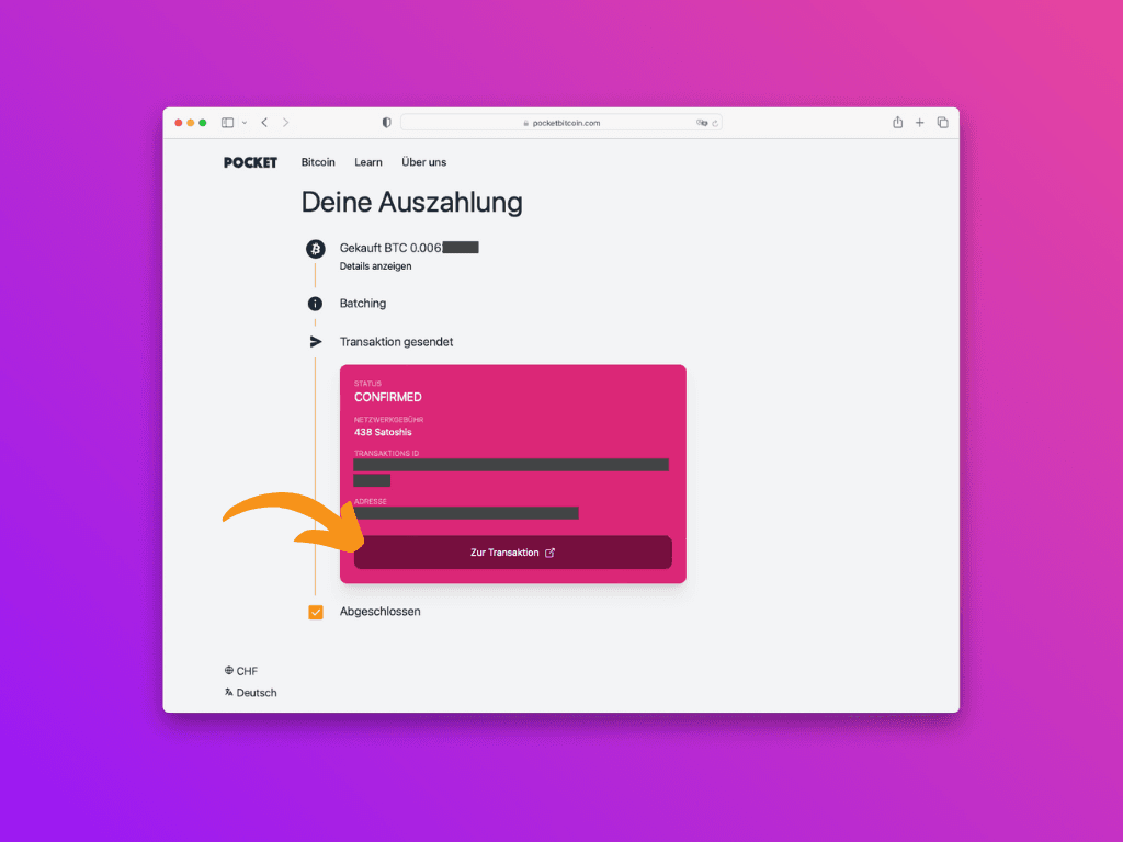 Bildschirmfoto der Webseite zur Nachverfolgung der Ethereum-Transaktion nach Auszahlung