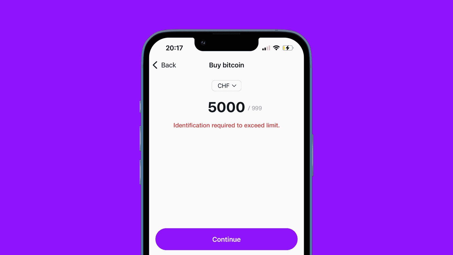 Pocket App ethereum buy screen communicating that a CHF 5000 purchase exceeds available limit of CHF 999 and identification is needed to proceed.