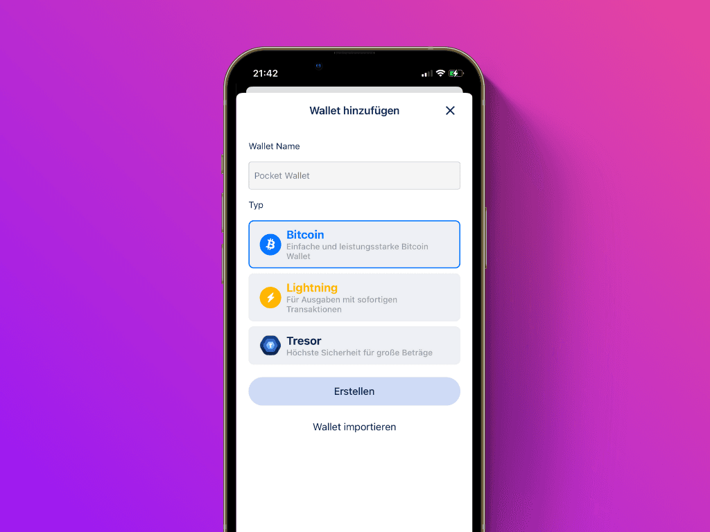 Bildschirmfoto der BlueWallet mit der Auswahl der Wallets