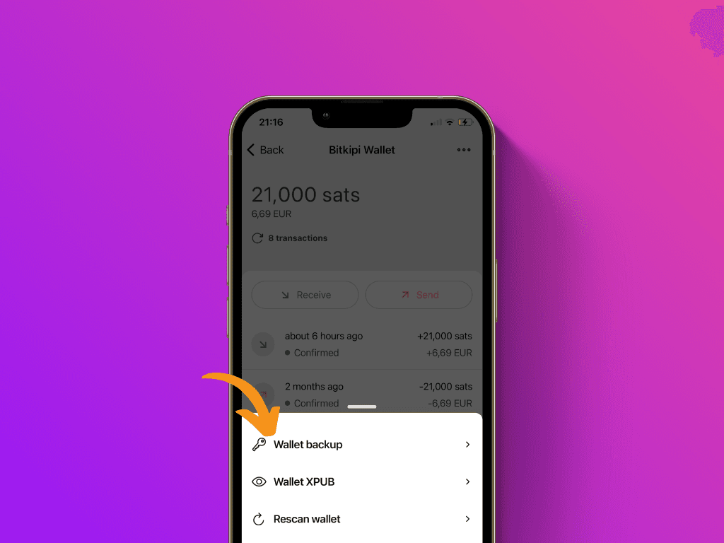 Screenshot of the Bitkipi app pointing to the "Wallet backup" menu item