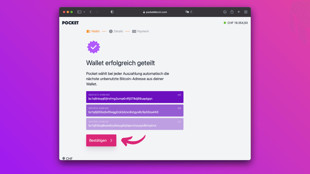 Bildschirmaufnahme der Pocket Website mit der erfolgreich geteilten Ethereum-Wallet-Adressen