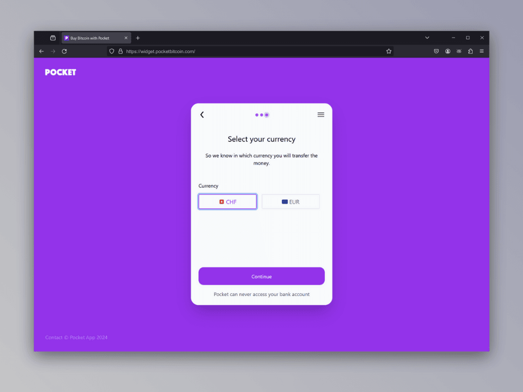 Screenshot of the currency selection screen of Pocket's Lightning top-up service