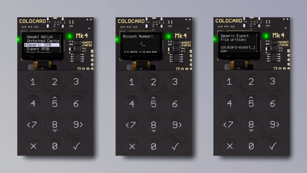 Coldcard menu screenshots to export a specific wallet account