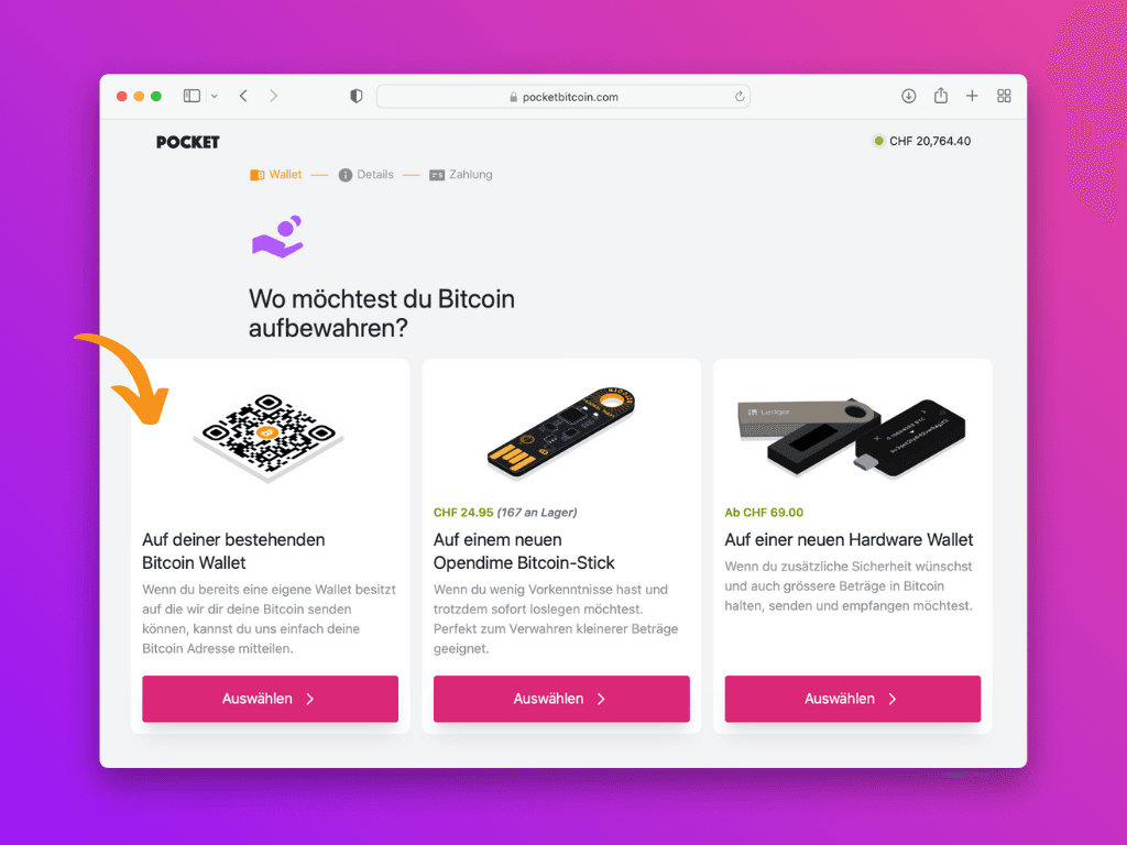 Bildschirmfoto der Pocket-Website mit der Option bestehende Ethereum-Wallet