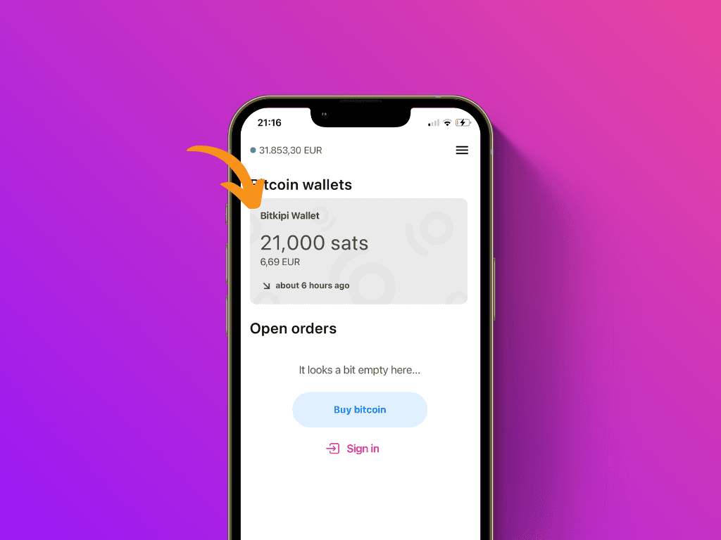 Screenshot of the Bitkipi app with pointer to the wallet