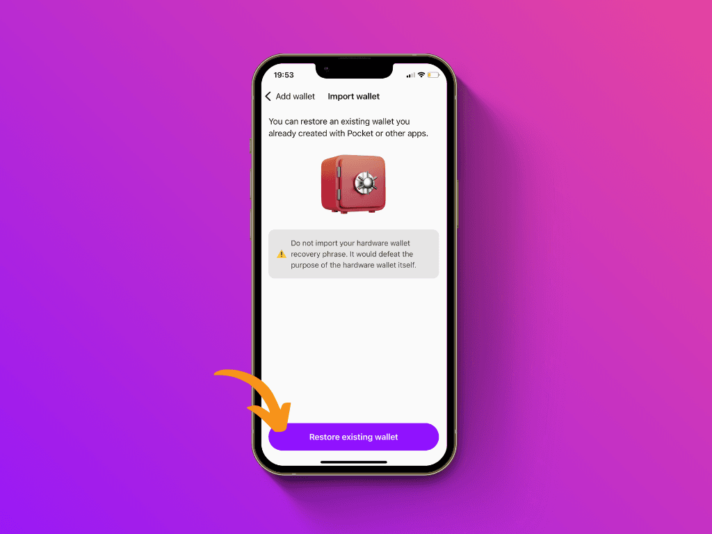 Screenshot of the Pocket App with pointer to the "Restore Existing Wallet" button