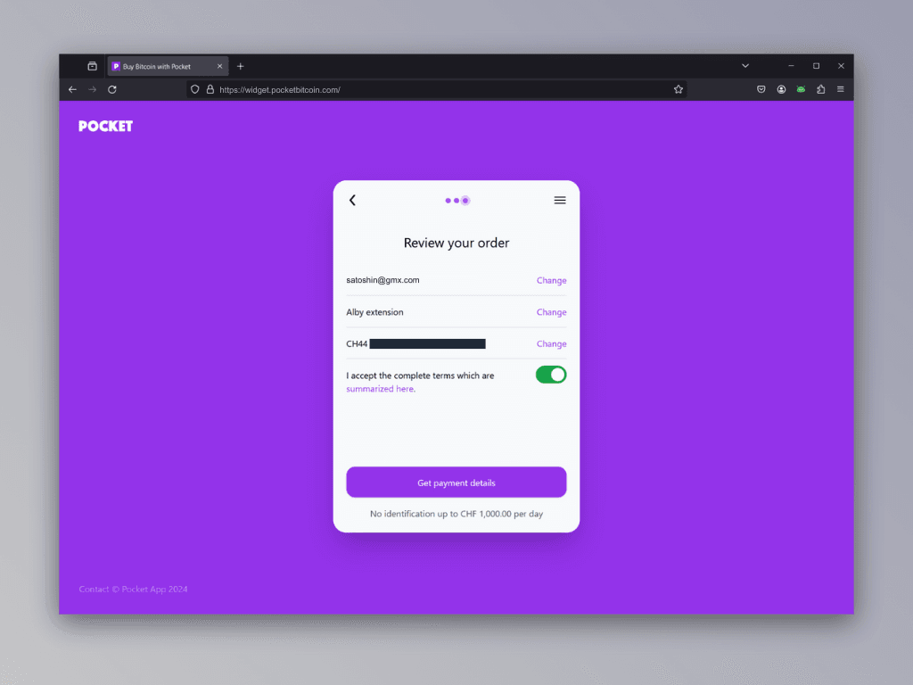 Screenshot of the verification screen of the entered data of Pocket's Lightning top-up service