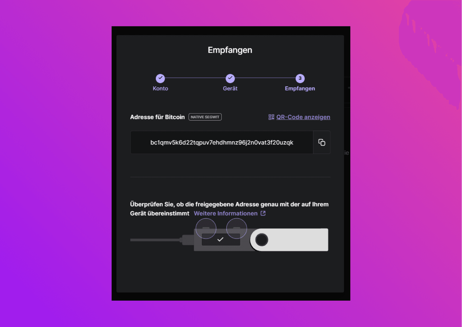 Bildschirmfoto Ledger Live mit der Ethereum Adresse