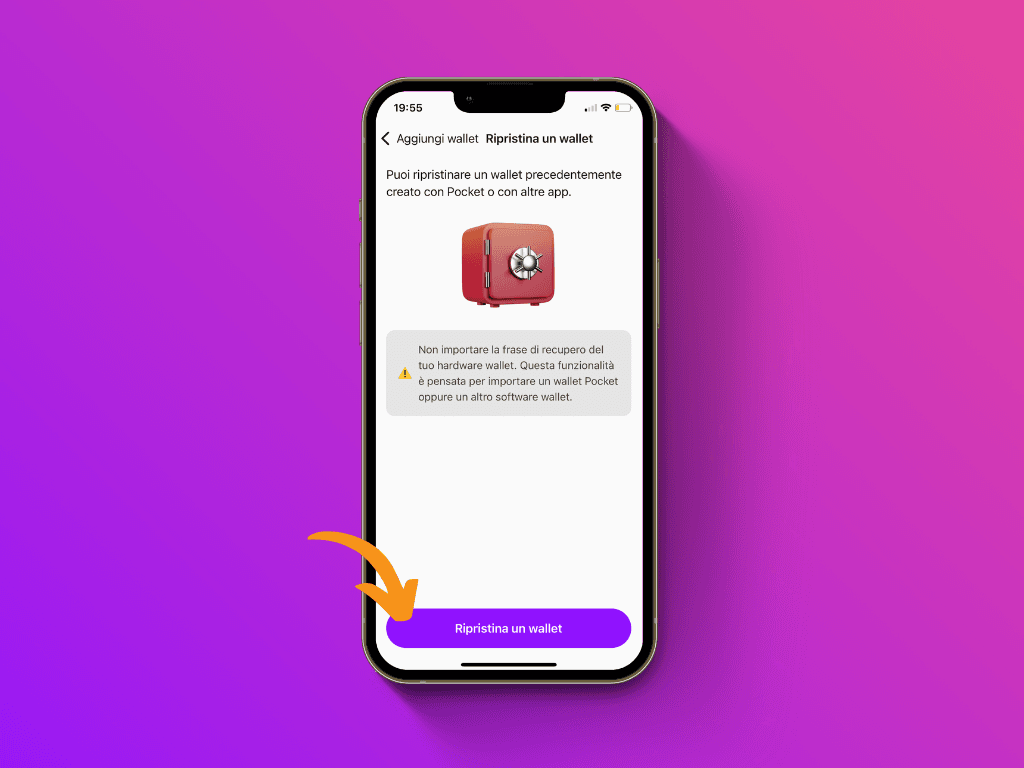 Schermata dell'App Pocket con puntatore sul pulsante 