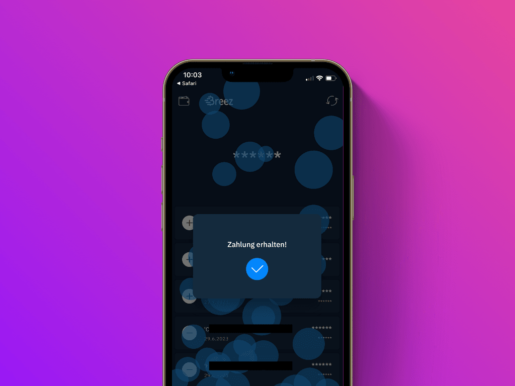 Bildschirmfoto des Zahlungs-Empfangsbestätigungs-Screens der Breez App