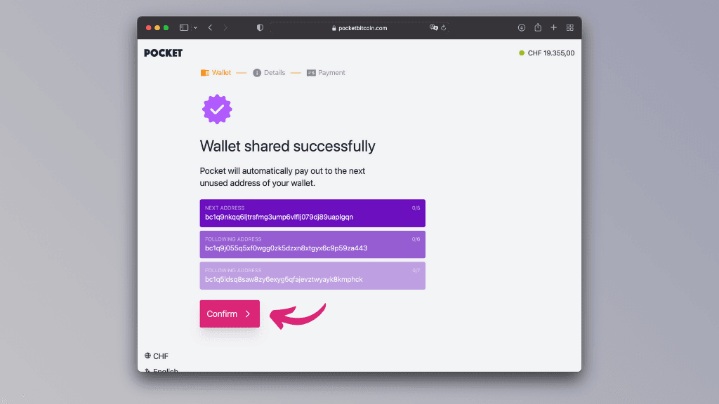 Screenshot of your successfully shared Ethereum wallet on the Pocket website