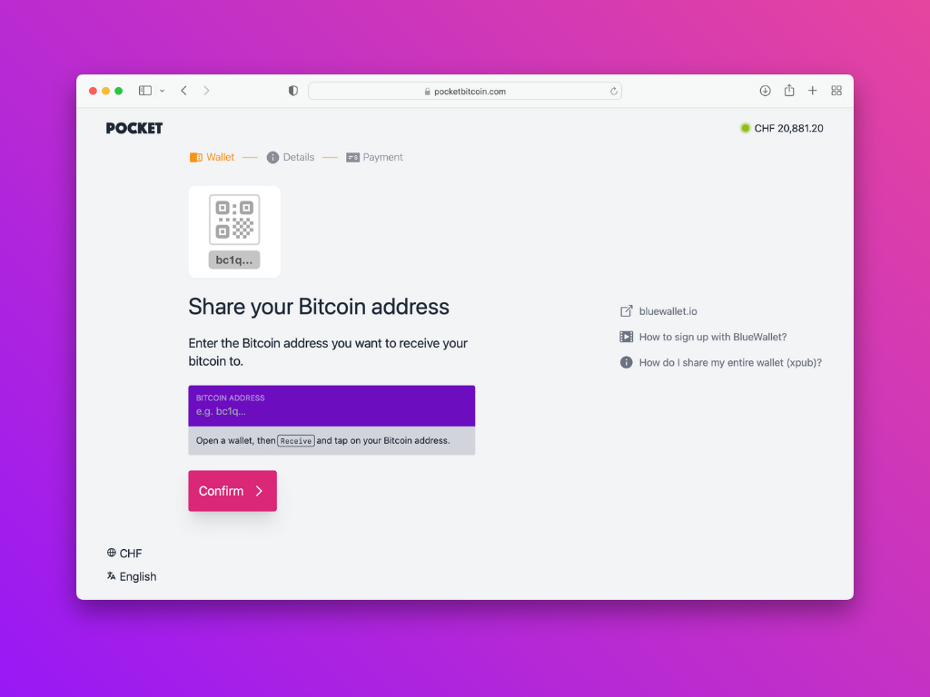 Screenshot of the Pocket website asking you to share the Ethereum address