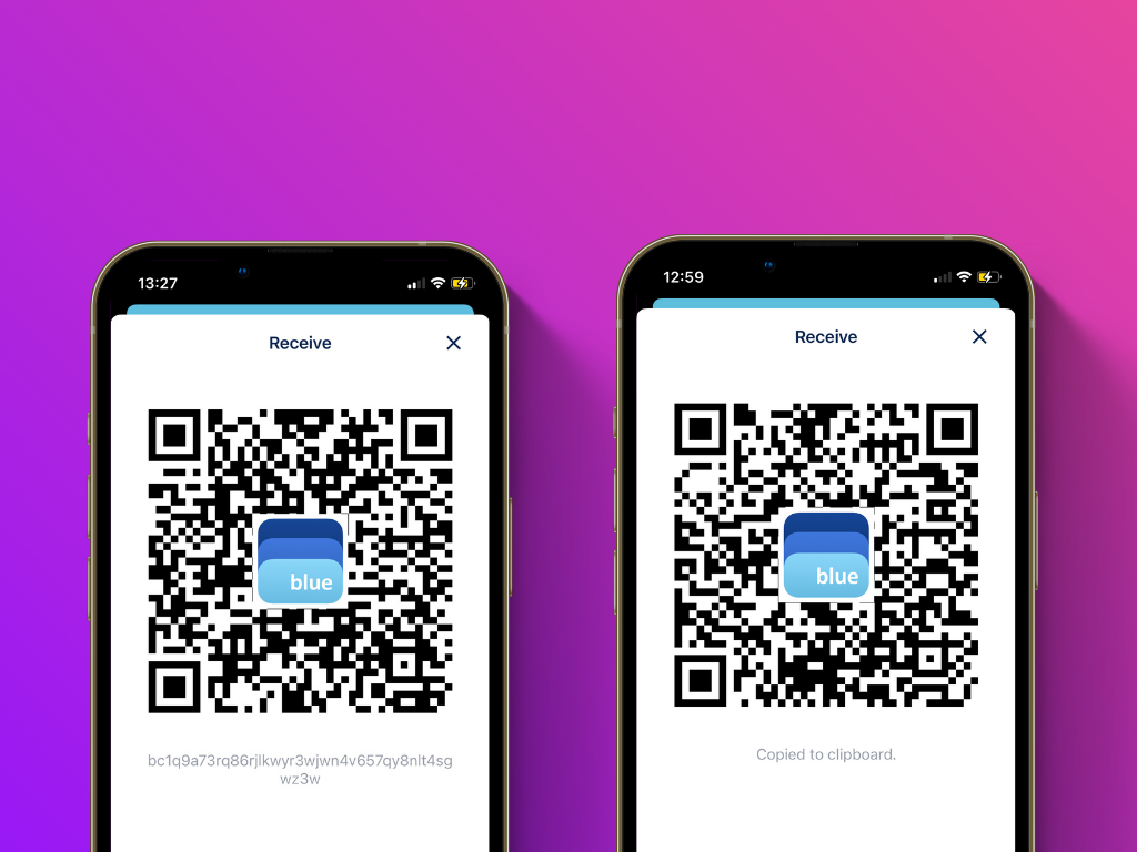 Screenshot of BlueWallet with the QR code and ethereum address