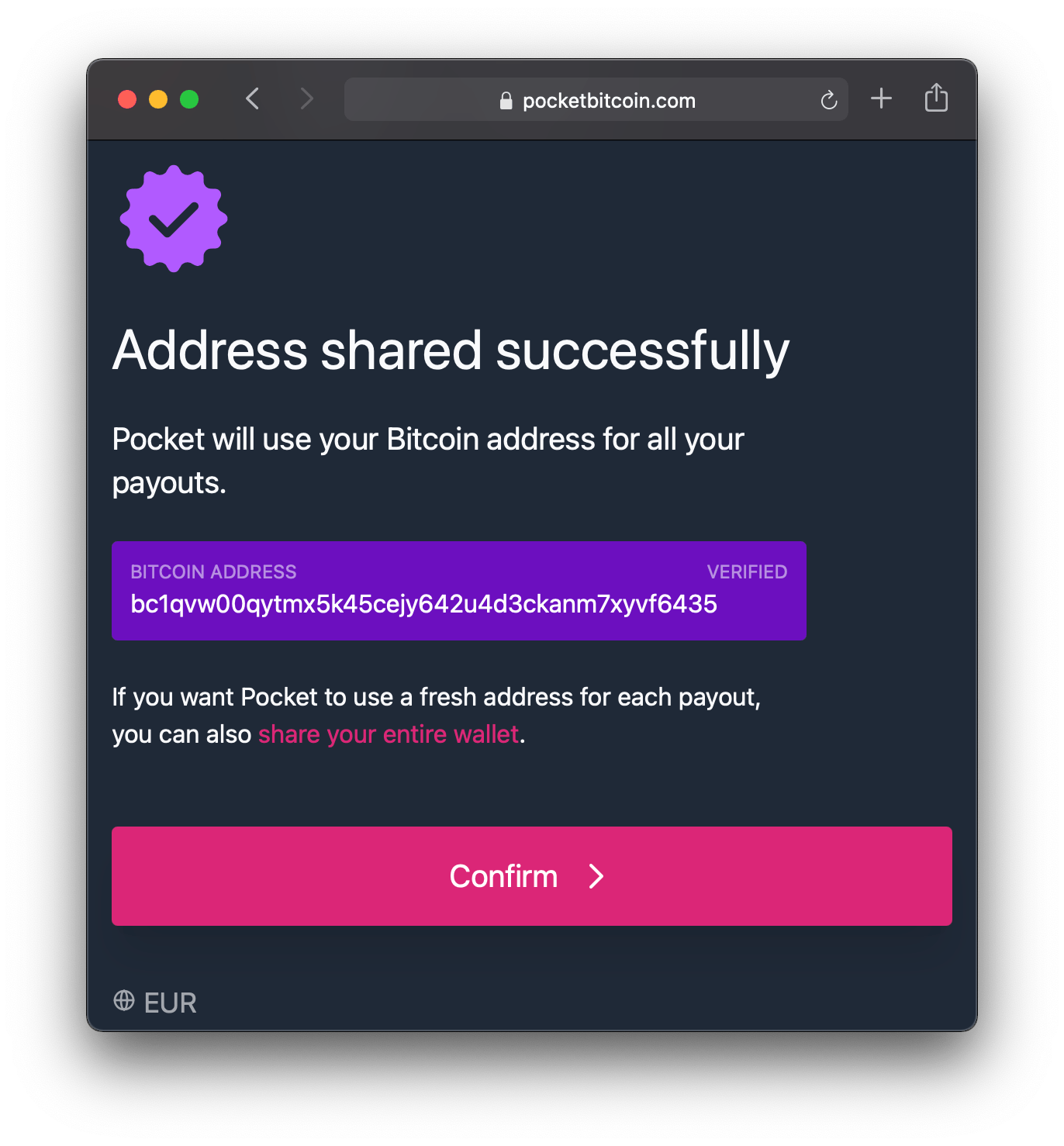 Screenshot of a single shared Ethereum address on Pocket