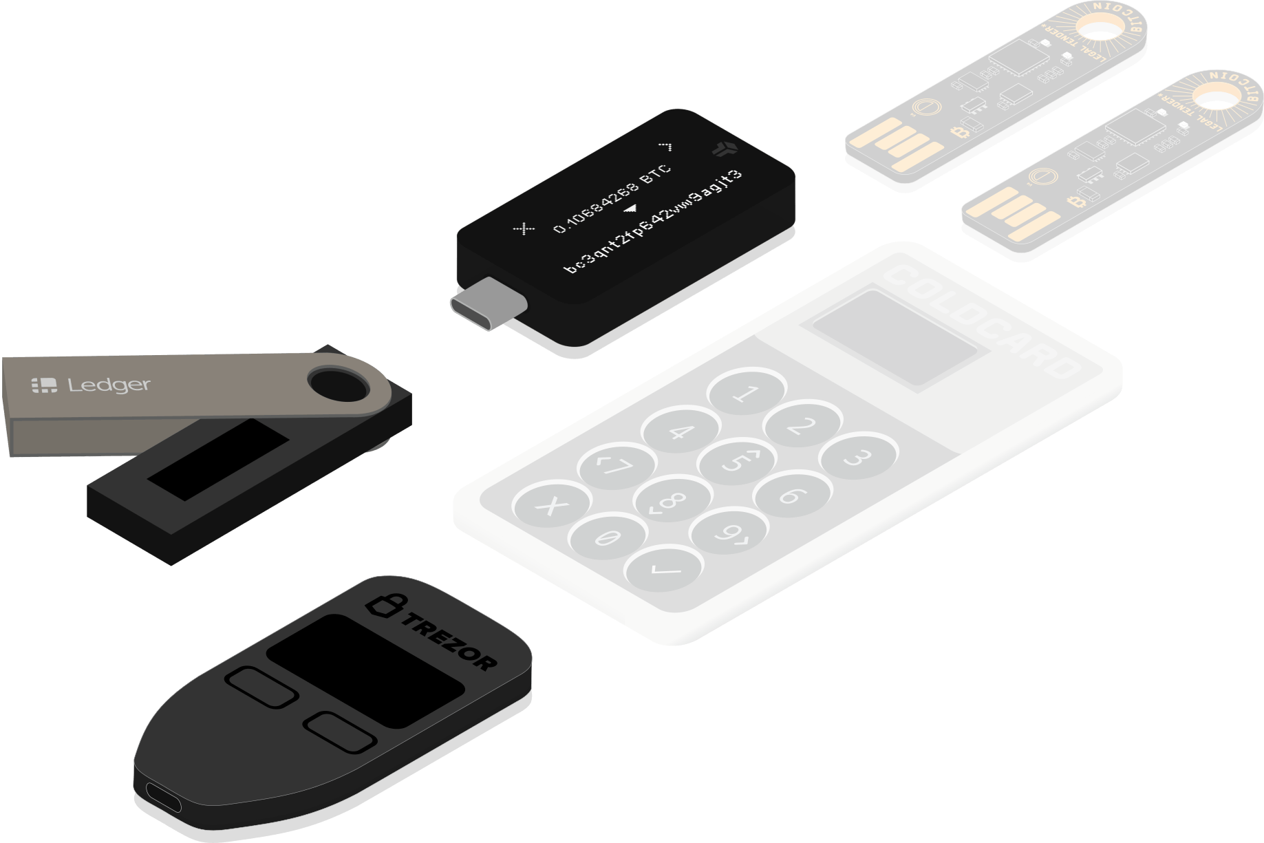 ethereum hardware wallets (from left to right: trezor one, ledger nano s, coldcard mk3, bitbox02, two opendimes)